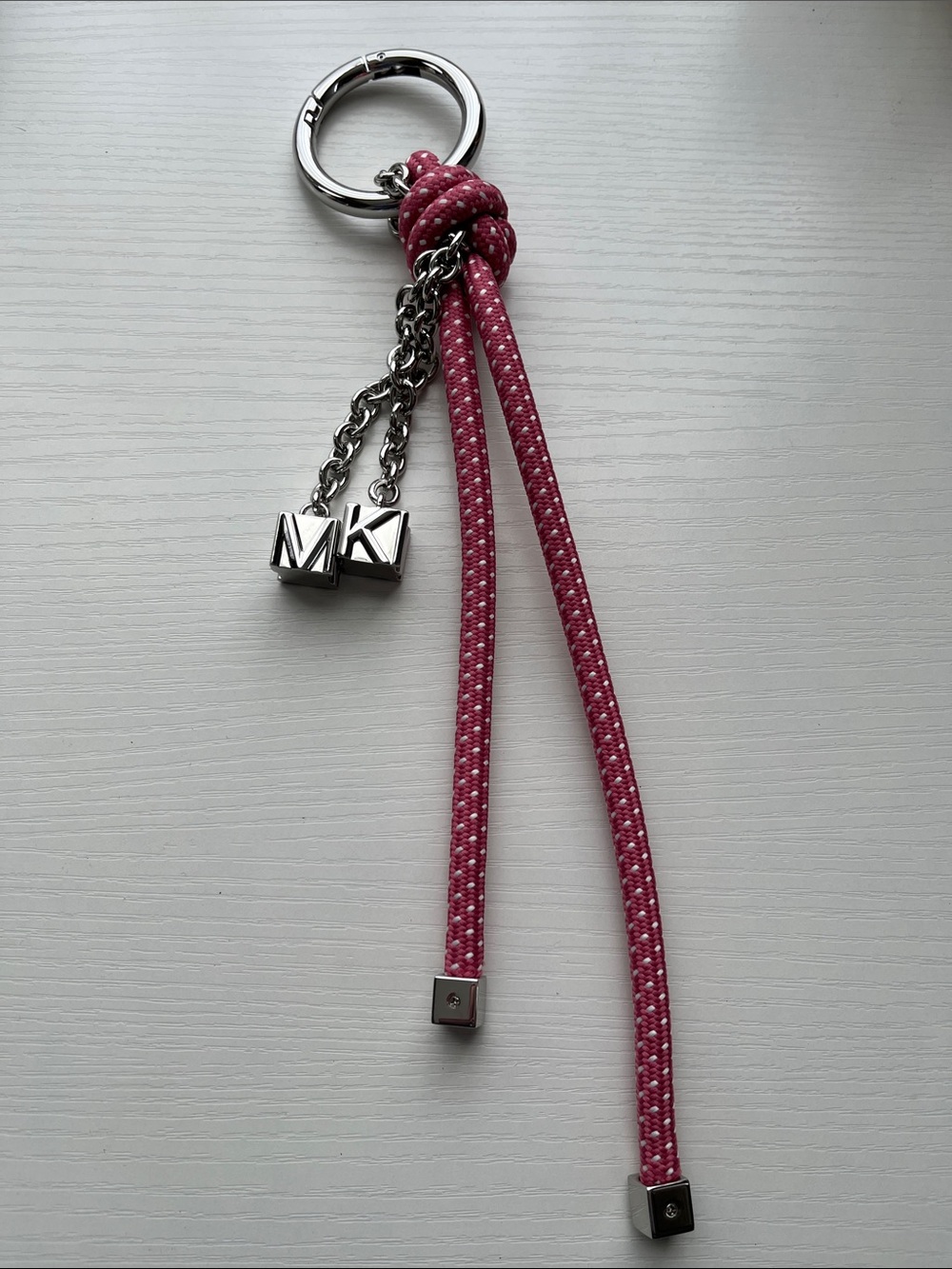 Michael Kors Pink Braided Rope Tassel Keyring, Bag Charm with Silver MK Charms